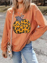 Halloween Leopard Pumpkin Patchwork Ribbed Sweatshirt - Trendsi - Flyclothing LLC