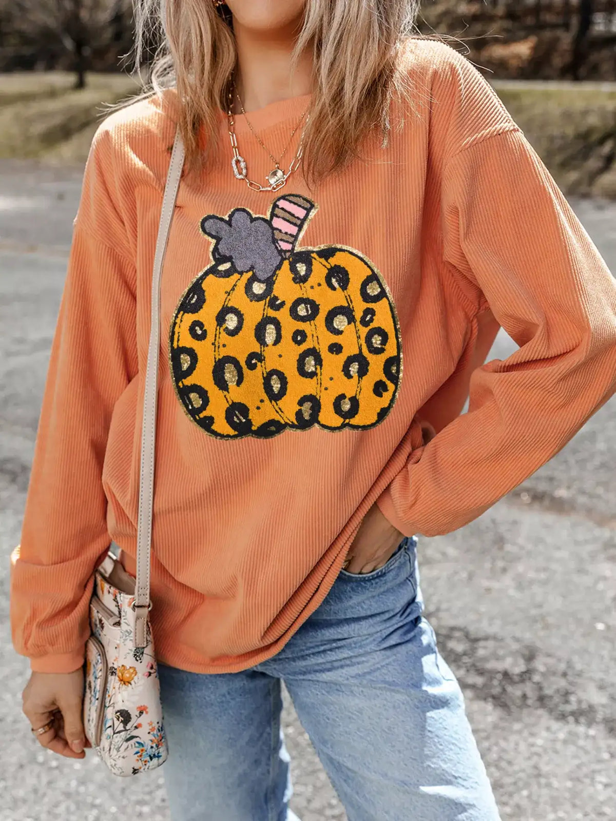 Halloween Leopard Pumpkin Patchwork Ribbed Sweatshirt - Trendsi - Flyclothing LLC