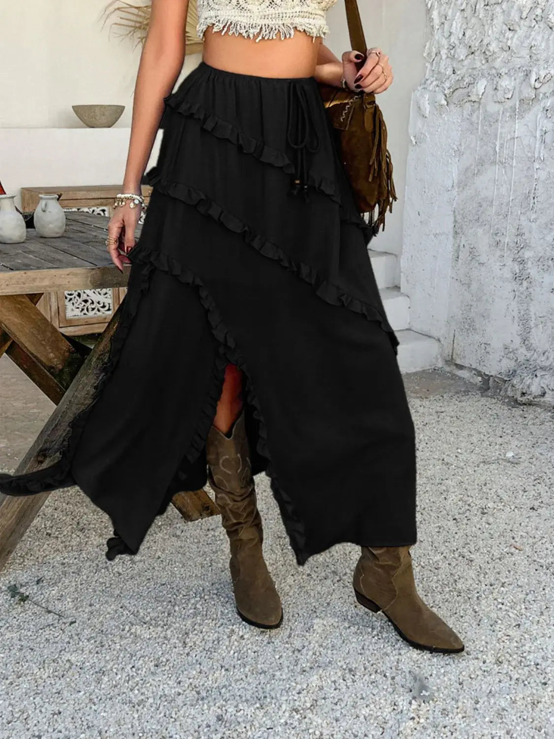 Devine Slit Drawstring Ruffled Skirt - Trendsi - Flyclothing LLC