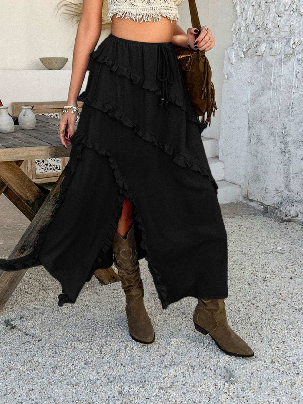 Devine Slit Drawstring Ruffled Skirt - Trendsi - Flyclothing LLC