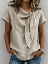 Full Size Bow Tie Neck Short Sleeve Blouse Plus Size - Trendsi - Flyclothing LLC