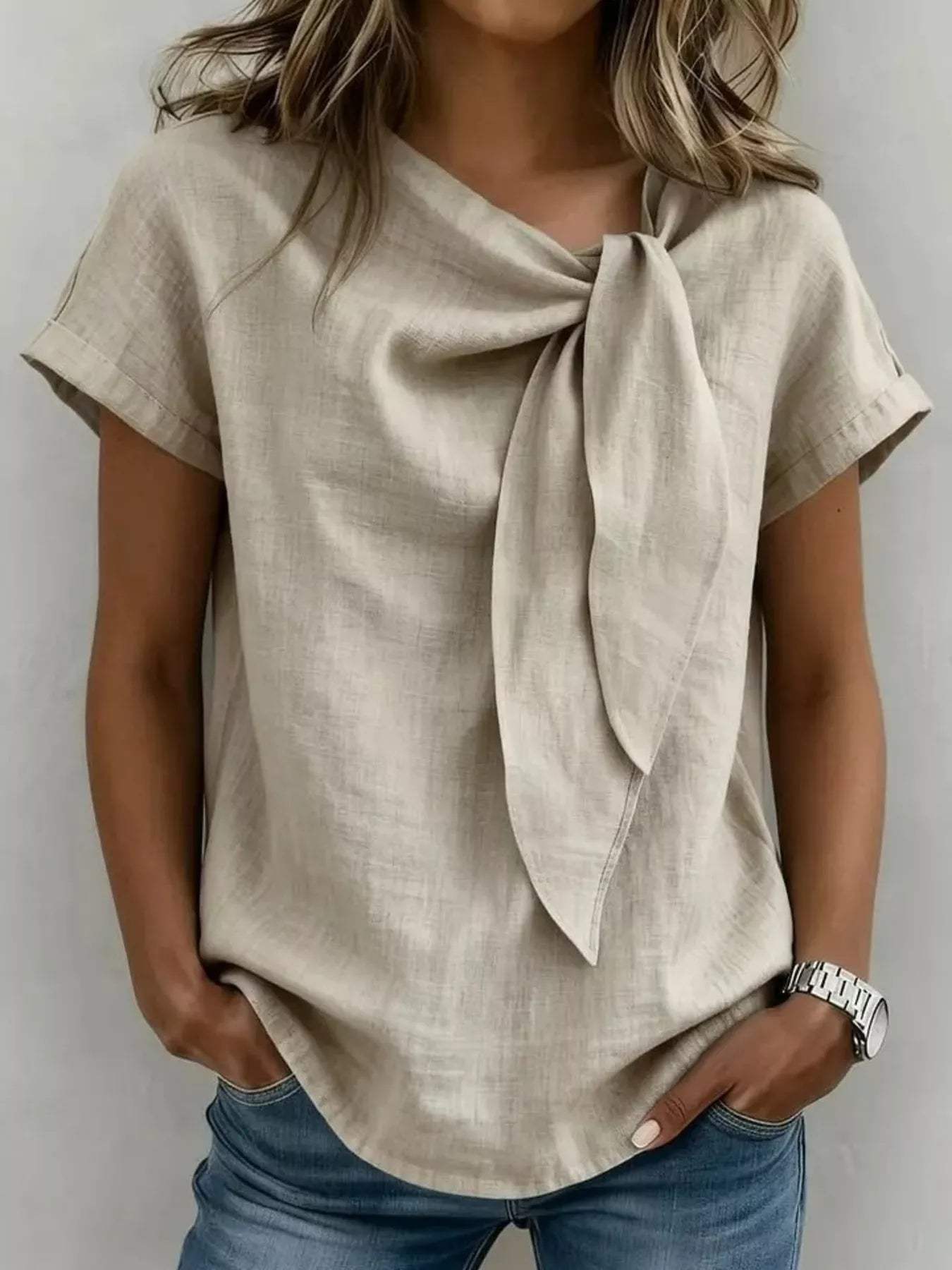 Full Size Bow Tie Neck Short Sleeve Blouse Plus Size - Trendsi - Flyclothing LLC