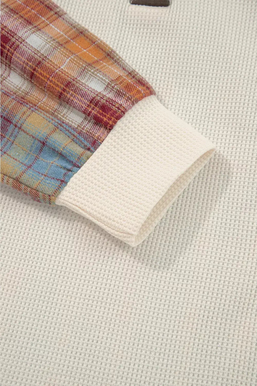 Waffle Knit Plaid Patchwork Long Sleeve Blouse - Trendsi - Flyclothing LLC