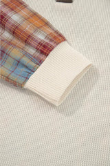 Waffle Knit Plaid Patchwork Long Sleeve Blouse - Trendsi - Flyclothing LLC