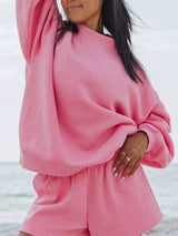 Relaxed Fit Round Neck Sweatshirt and Shorts Set - Trendsi - Flyclothing LLC