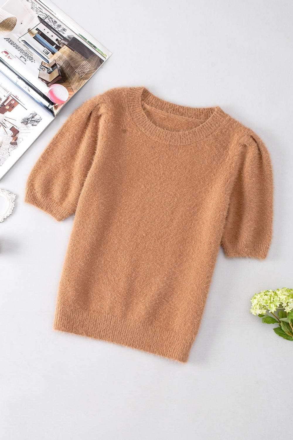 Fuzzy Round Neck Half Sleeve Sweater - Trendsi - Flyclothing LLC