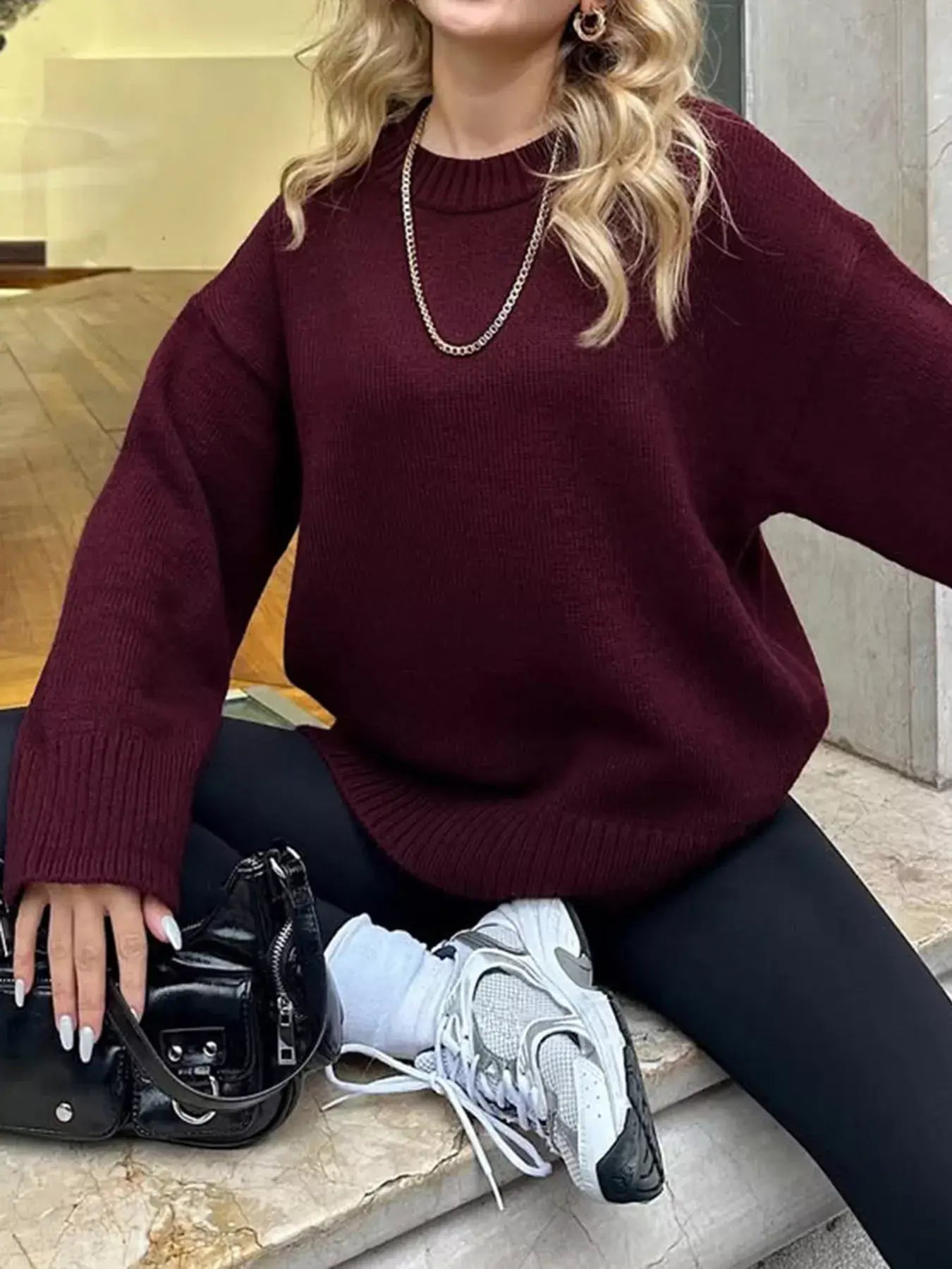 Ribbed Round Neck Dropped Shoulder Sweater - Trendsi - Flyclothing LLC