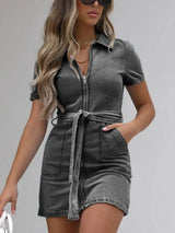 Full Size Zip Front Short Sleeve Denim Dress Plus Size - Trendsi - Flyclothing LLC