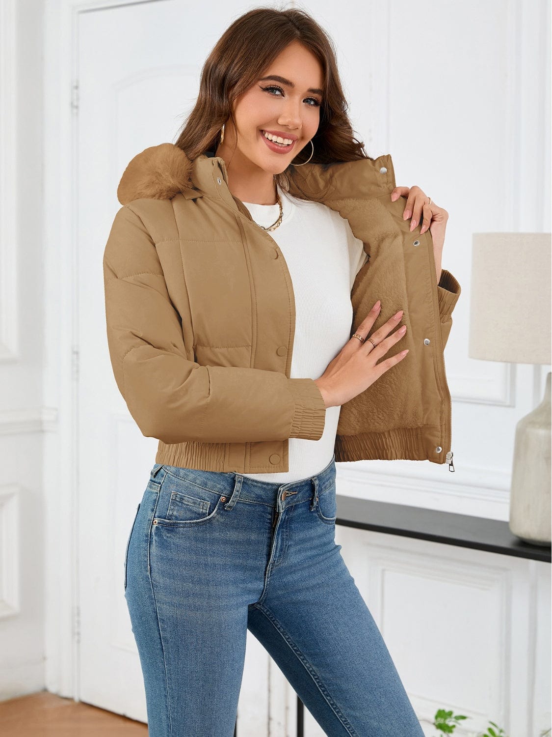 Pocketed Long Sleeve Cropped Hooded Winter Coat - Trendsi