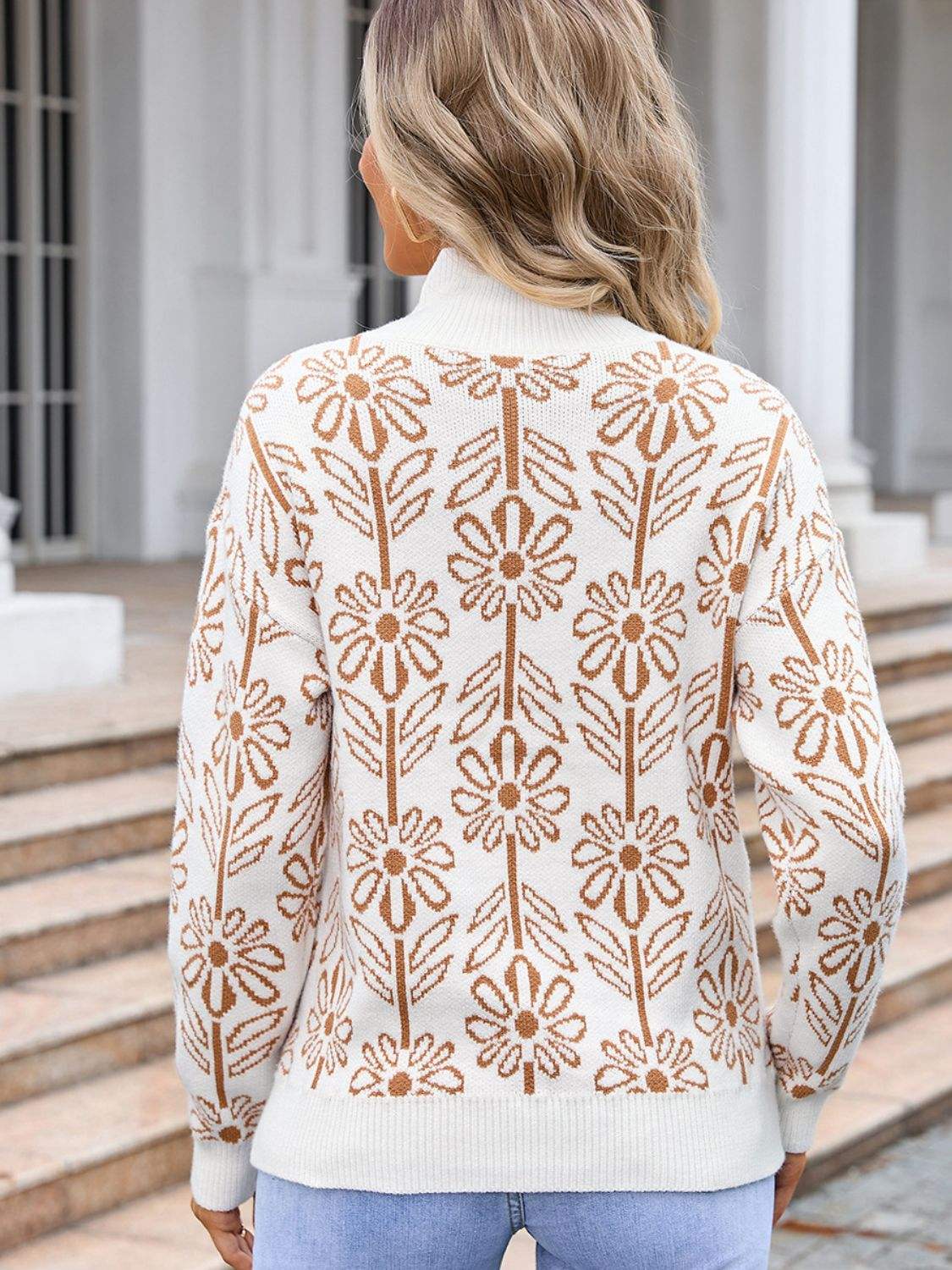 Flower Turtleneck Long Sleeve Sweater - Trendsi - Flyclothing LLC