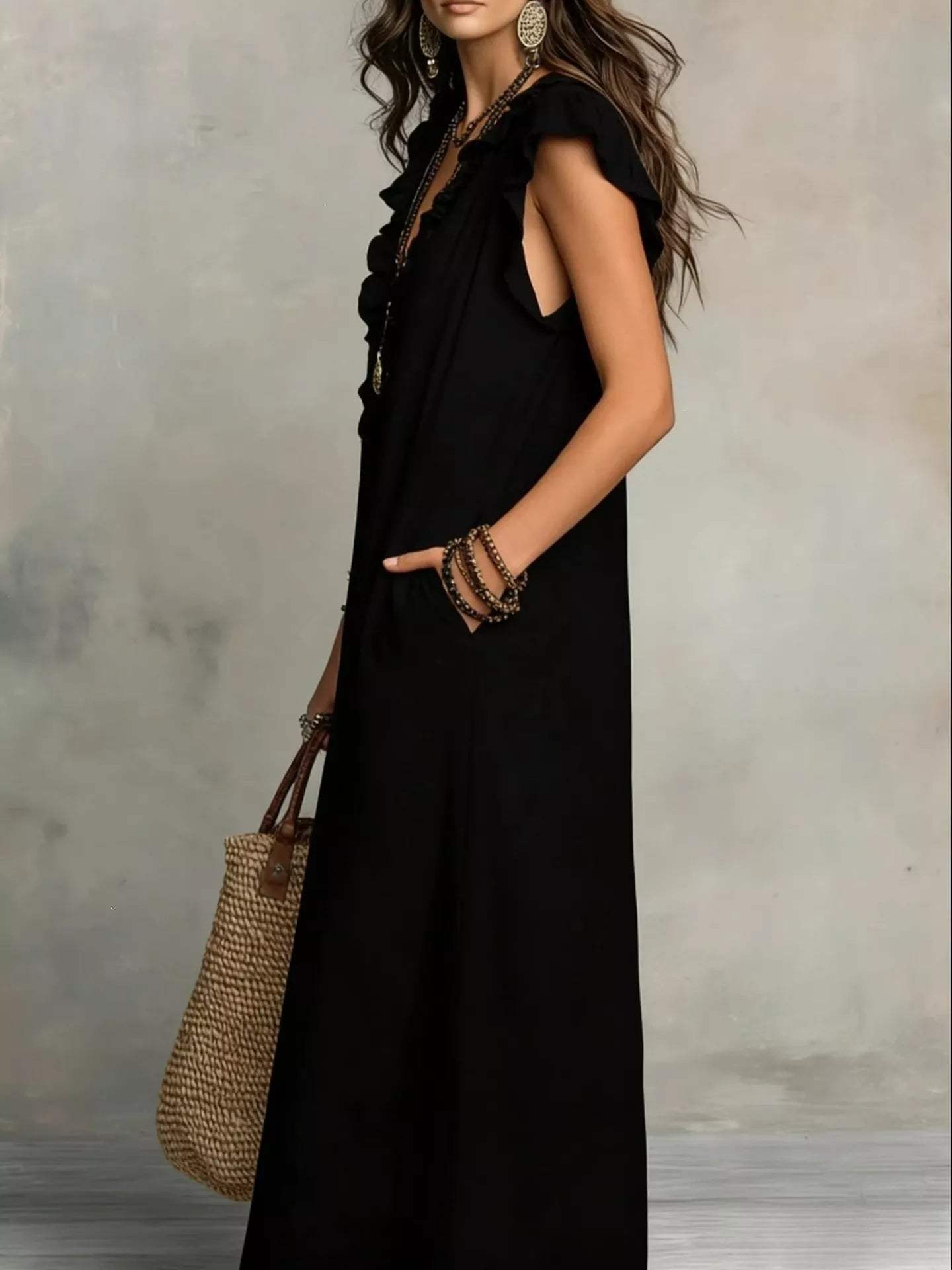 Full Size Ruffled V-Neck Cap Sleeve Maxi Dress Plus Size - Trendsi - Flyclothing LLC