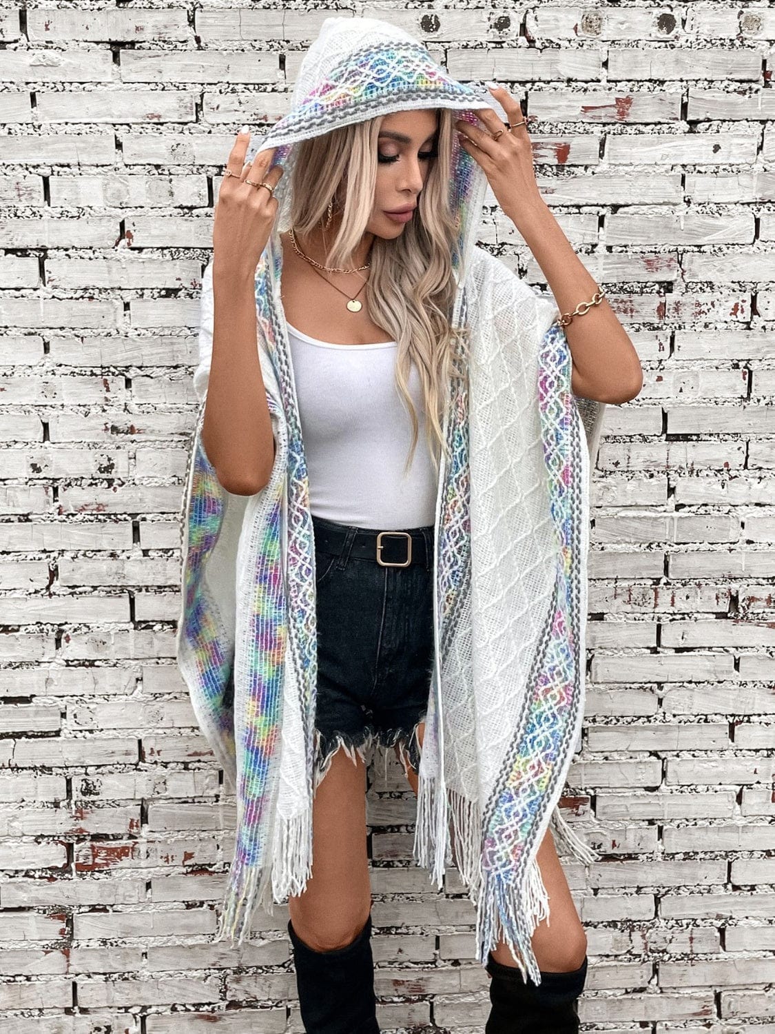 Fringe Half Sleeve Hooded Poncho - Trendsi