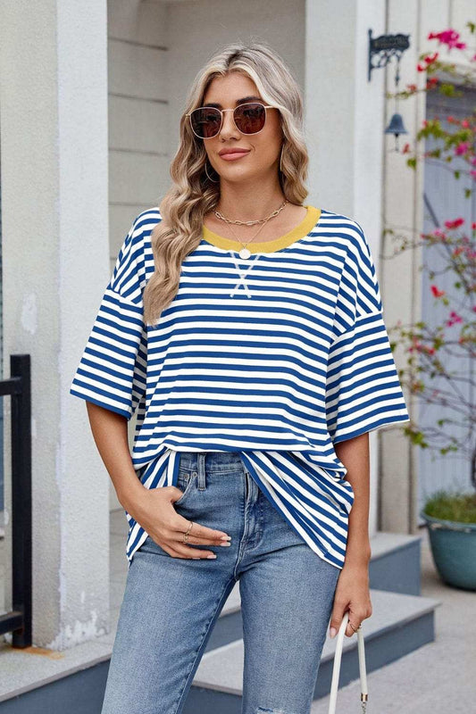Contrast Striped Round Neck Half Sleeve T-Shirt - Trendsi - Flyclothing LLC