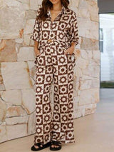 Printed Collared Neck Top and Pants Set - Trendsi - Flyclothing LLC