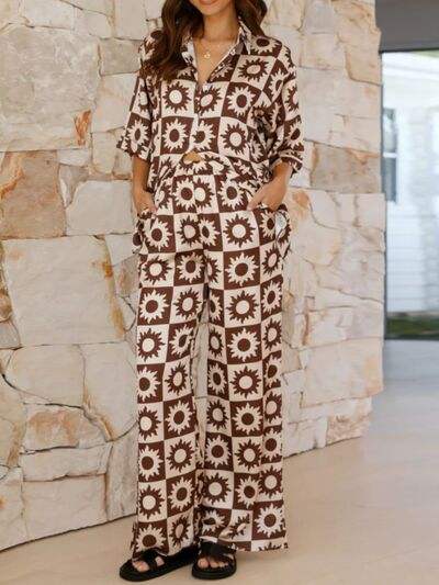 Printed Collared Neck Top and Pants Set - Trendsi - Flyclothing LLC