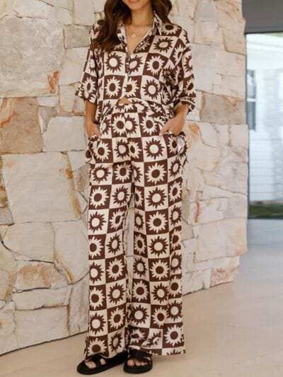 Printed Collared Neck Top and Pants Set - Trendsi - Flyclothing LLC
