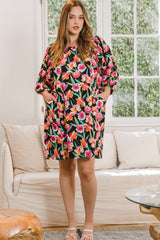 ODDI Full Size Floral Puff Sleeve Mini Dress - Trendsi
