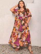 Plus Size Printed V-Neck Half Sleeve Maxi Dress - Trendsi - Flyclothing LLC