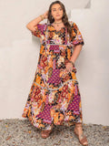 Plus Size Printed V-Neck Half Sleeve Maxi Dress - Trendsi - Flyclothing LLC