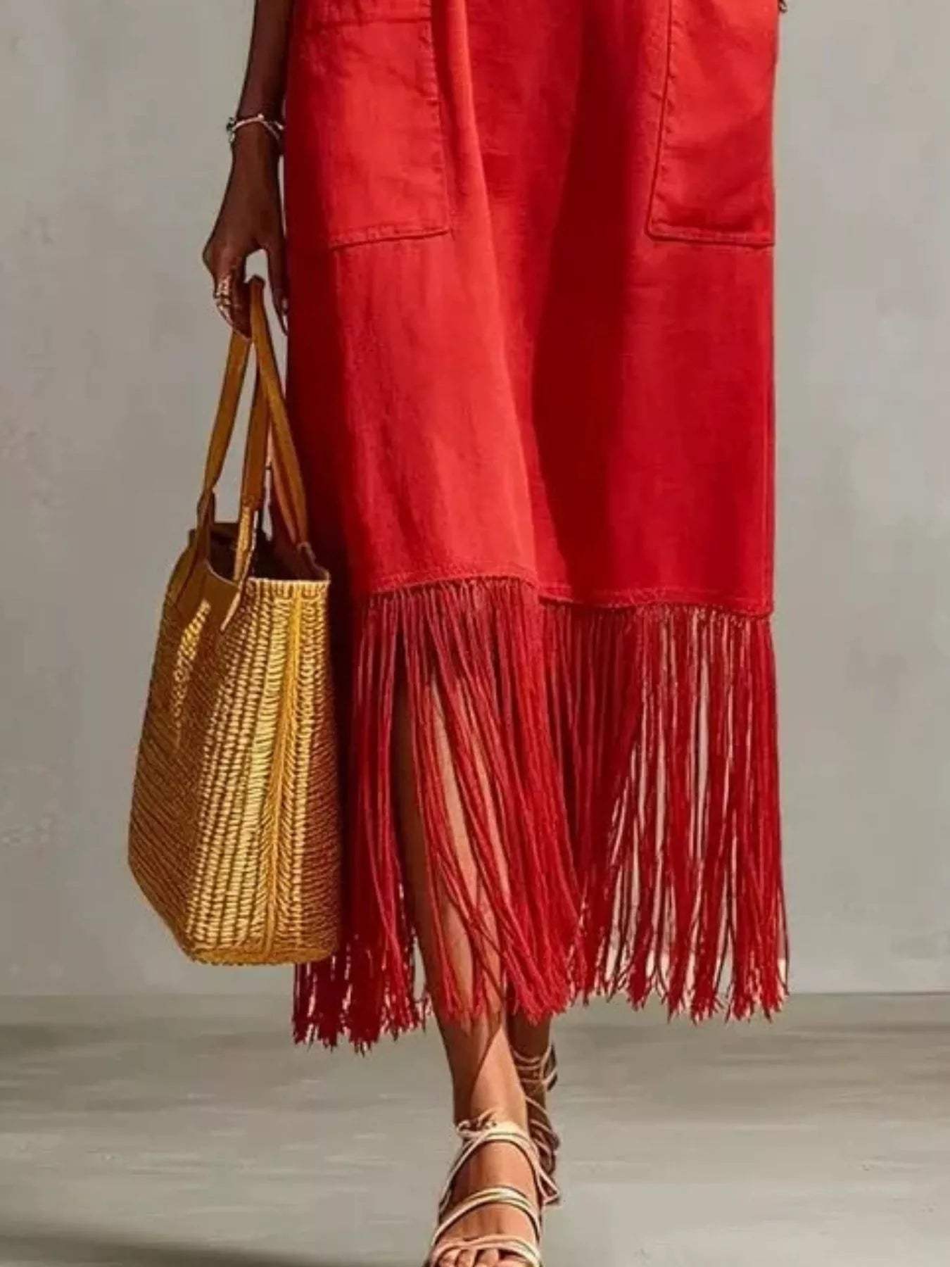 Full Size Fringe V-Neck Spaghetti Strap Dress Plus Size - Trendsi - Flyclothing LLC