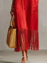 Full Size Fringe V-Neck Spaghetti Strap Dress Plus Size - Trendsi - Flyclothing LLC