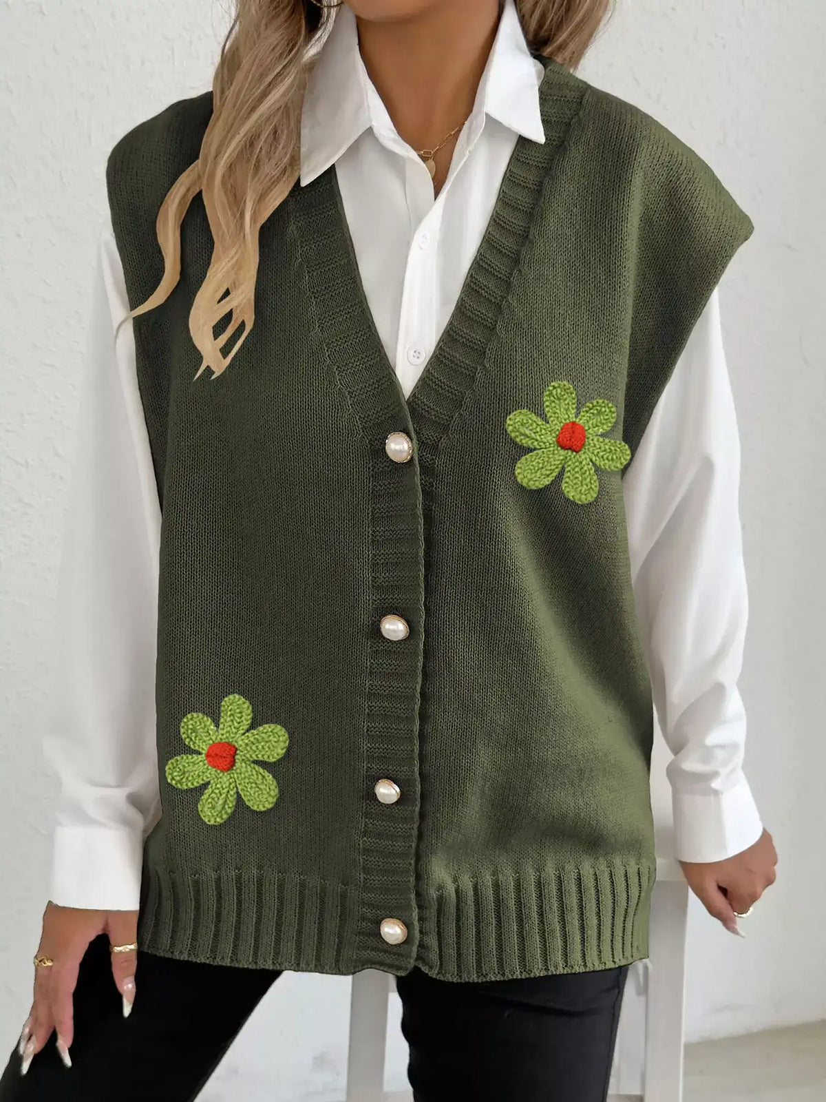 Flower V-Neck Sleeveless Cardigan - Trendsi - Flyclothing LLC