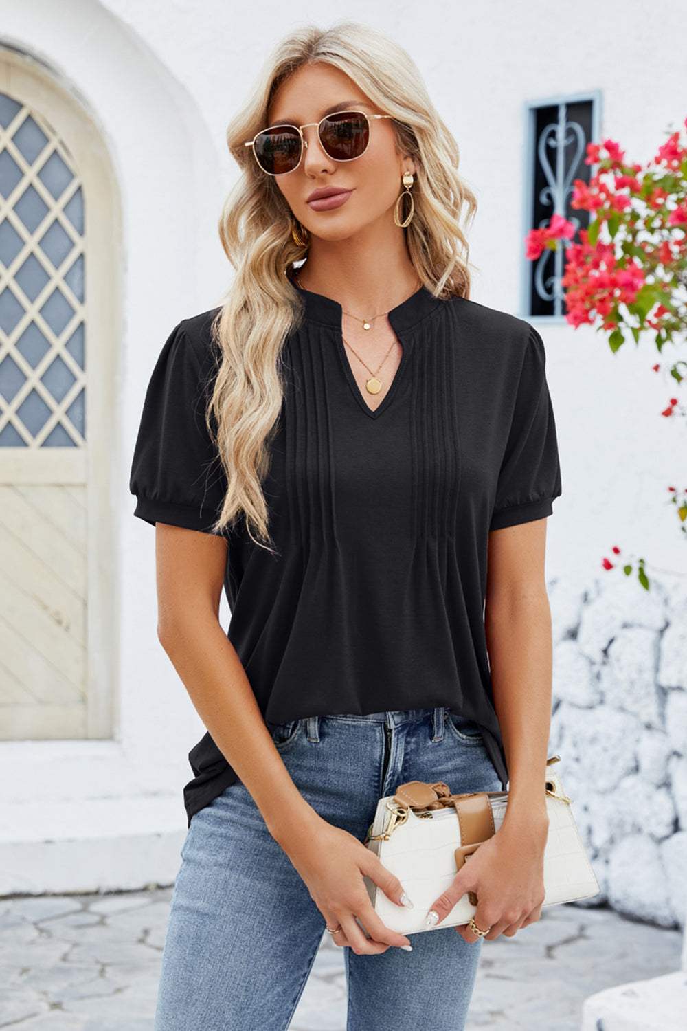 Notched Short Sleeve T-Shirt - Trendsi - Flyclothing LLC