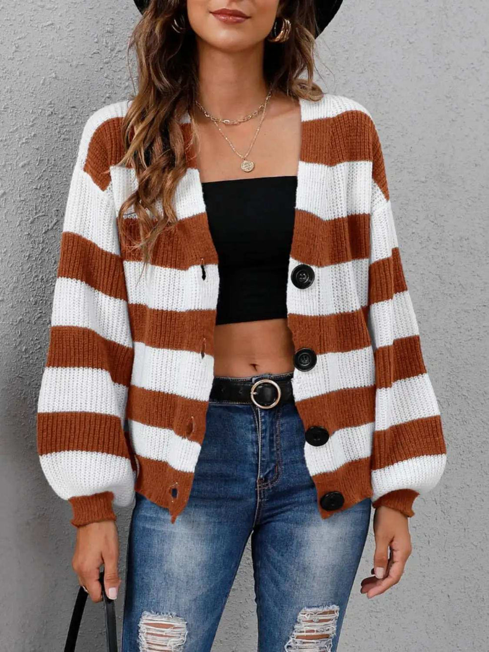 Striped Button Up Long Sleeve Sweater - Trendsi - Flyclothing LLC