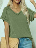 Exposed Seam V-Neck Short Sleeve Top - Trendsi - Flyclothing LLC