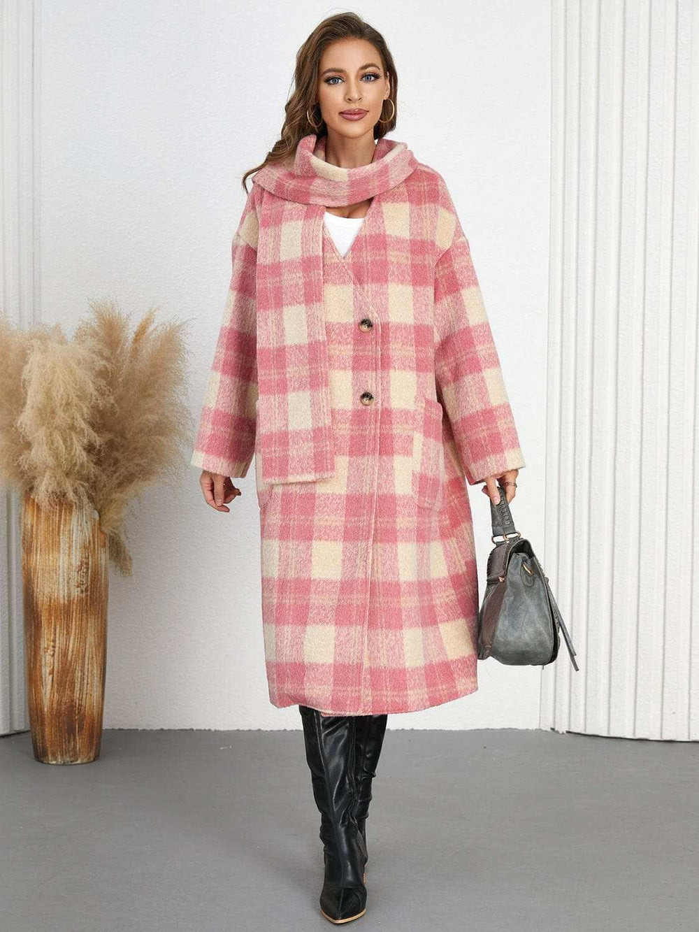 Plaid Button Up Long Sleeve Coat - Trendsi - Flyclothing LLC