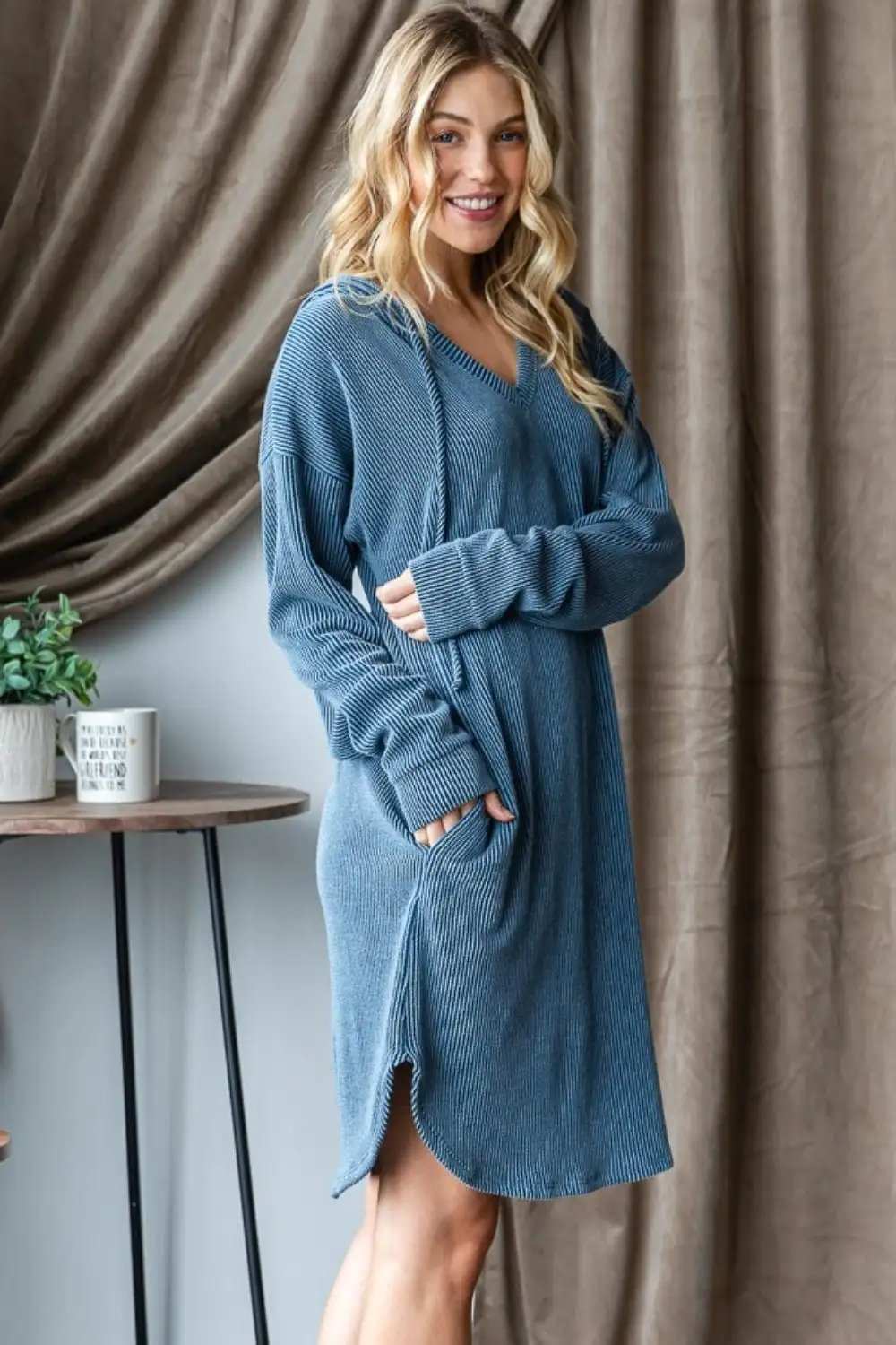 Heimish Ribbed Long Sleeve Hooded Dress - Trendsi - Flyclothing LLC