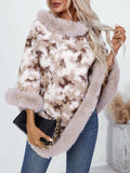 Furry Contrast Three-Quarter Poncho - Trendsi