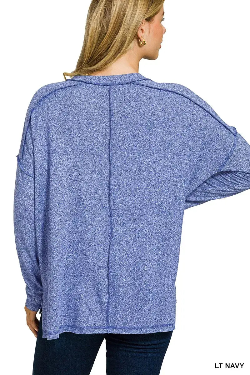 Zenana Soft Melange Hacci Exposed Seam Hi-low Tee - Trendsi - Flyclothing LLC