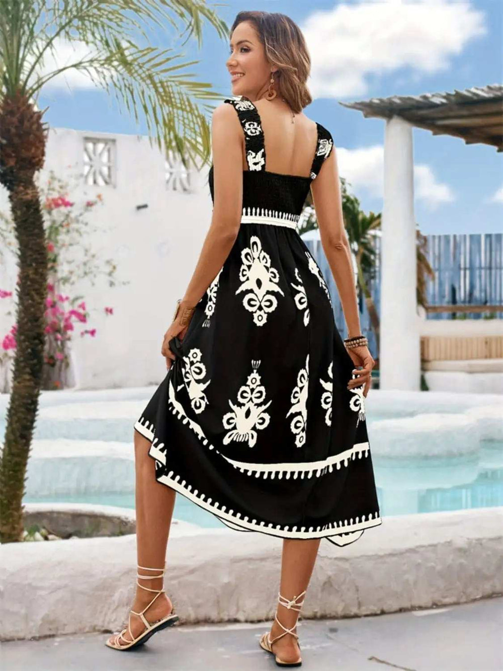 Printed Square Neck Wide Strap Midi Dress - Trendsi - Flyclothing LLC