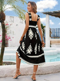 Printed Square Neck Wide Strap Midi Dress - Trendsi