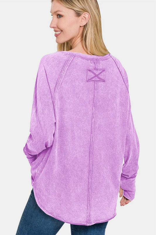 Zenana Round Neck Thumbhole Long Sleeve T-Shirt - Trendsi - Flyclothing LLC