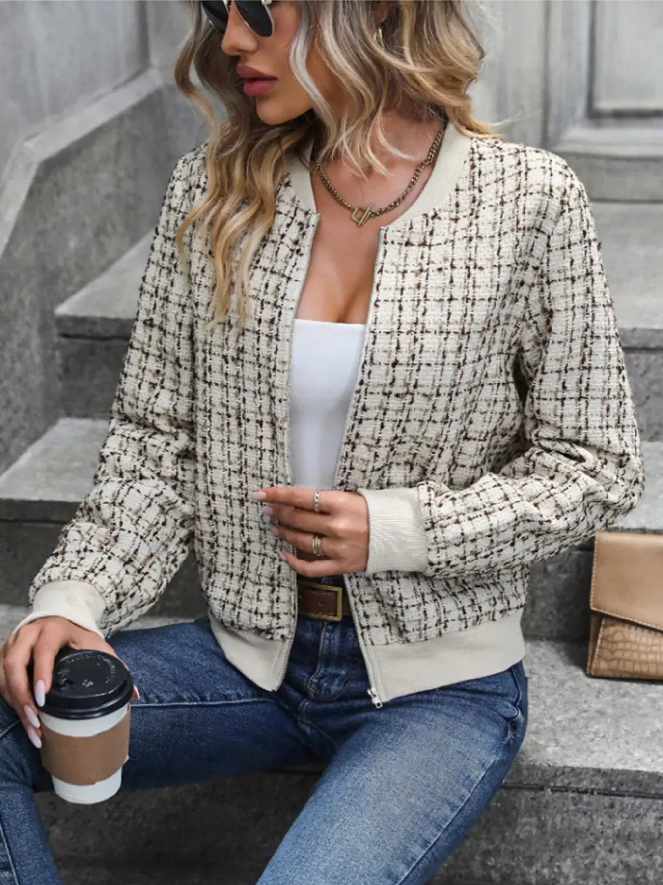 Tweed Zip Up Bomber Jacket - Trendsi - Flyclothing LLC