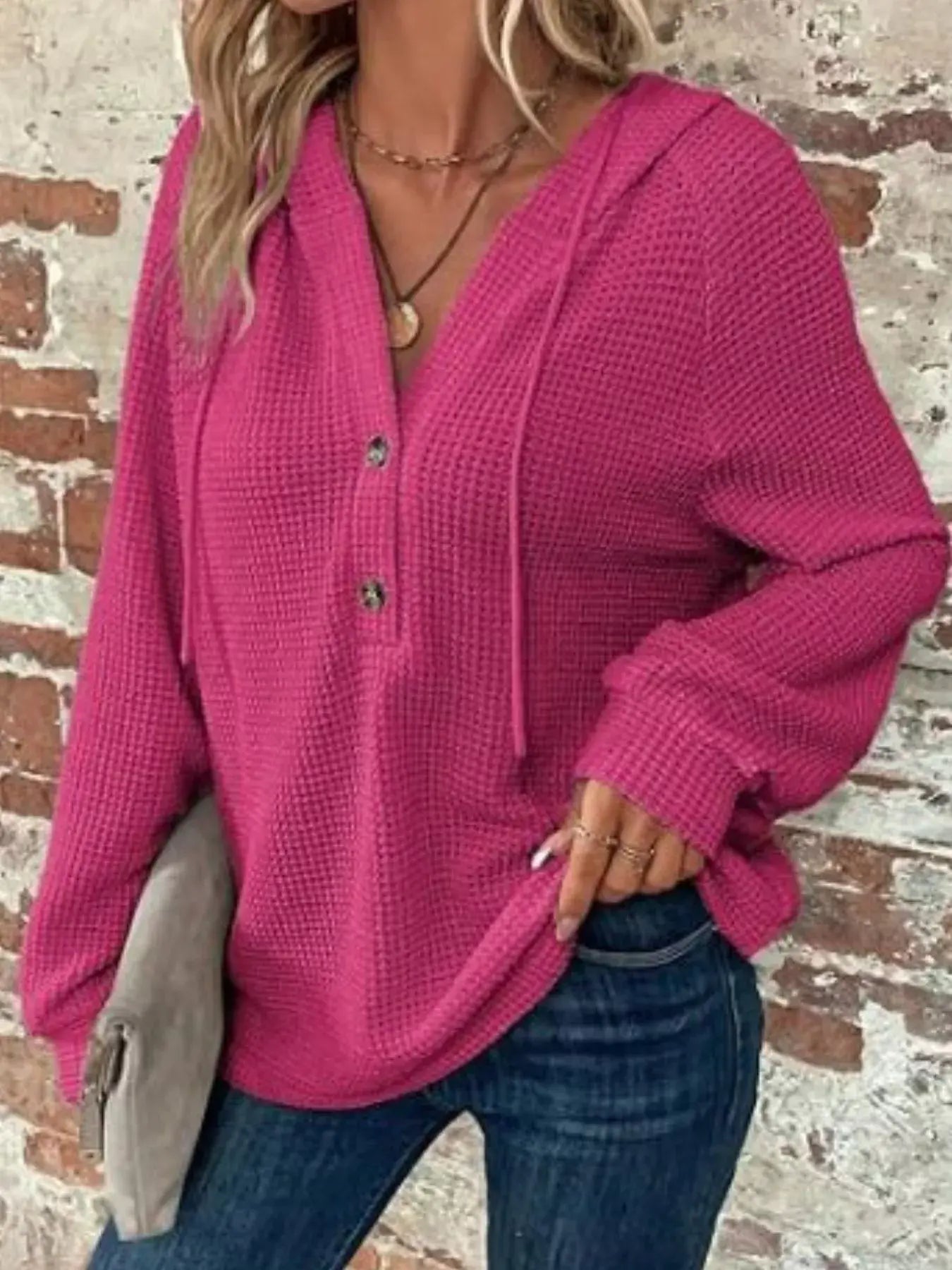 Waffle Knit Button Detail Hoodie - Trendsi - Flyclothing LLC