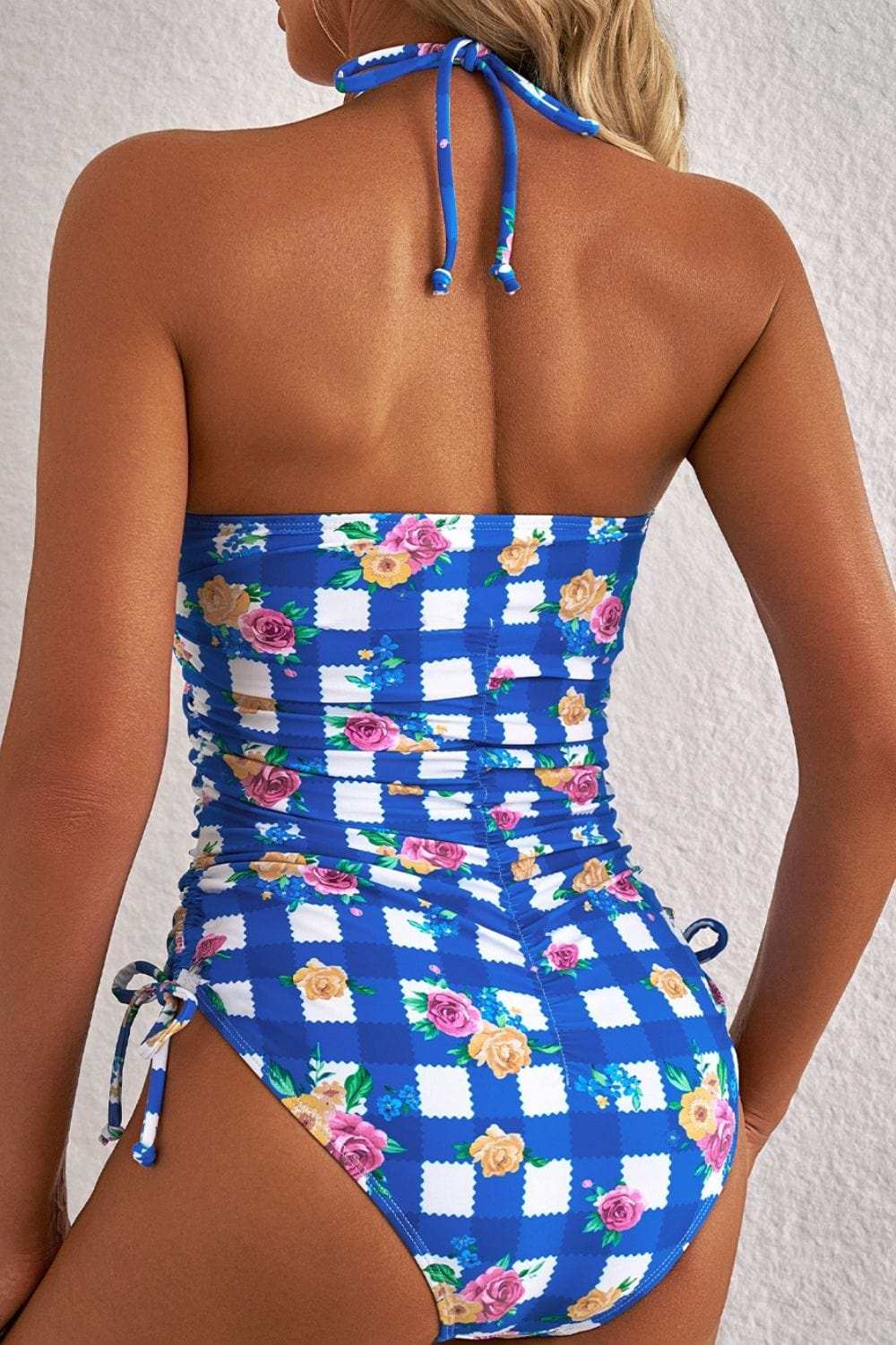 Floral Gingham Halter Neck Drawstring One Piece Swimwear - Trendsi - Flyclothing LLC