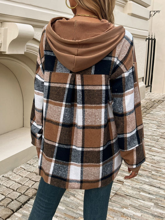 Devine Drawstring Plaid Long Sleeve Hoodie - Trendsi