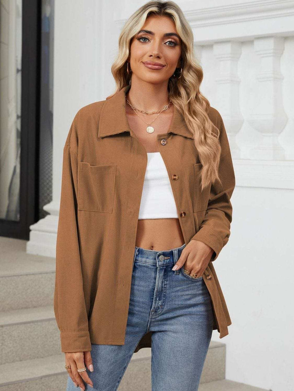 Button Up Dropped Shoulder Long Sleeve Outerwear - Trendsi - Flyclothing LLC