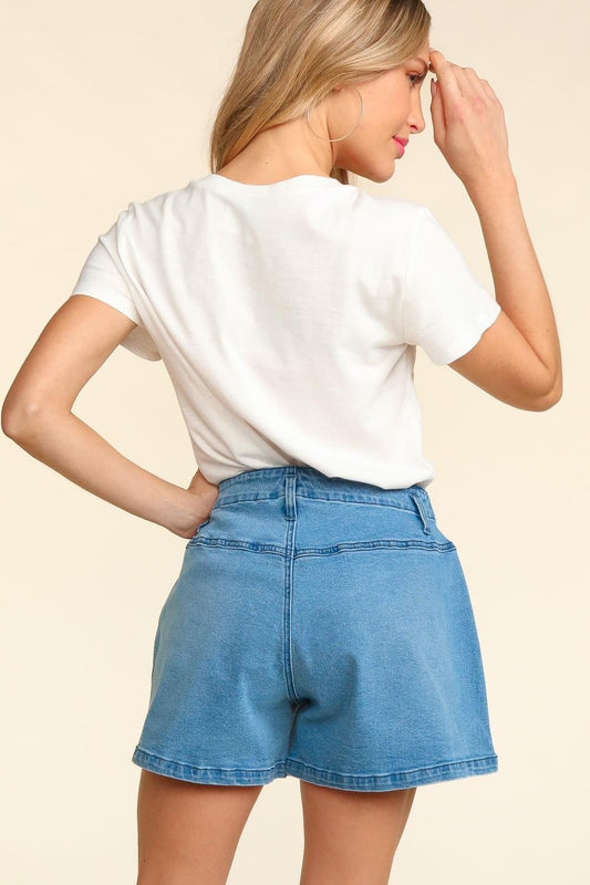 Haptics High Rise Button Fly Washed Denim Shorts - Trendsi