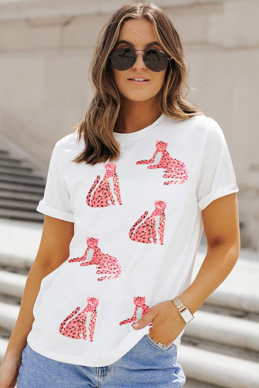 Sequin Leopard Round Neck Short Sleeve T-Shirt - Trendsi - Flyclothing LLC