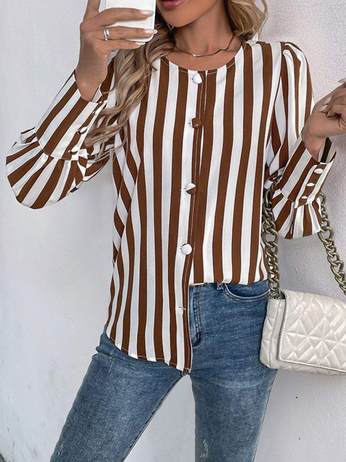 Perfee Striped Round Neck Long Sleeve Blouse - Trendsi - Flyclothing LLC
