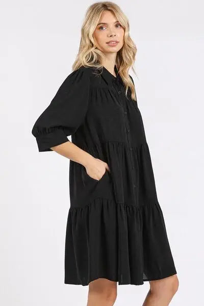 Mittoshop Button Detail Collared Neck Tiered Shirt Dress - Trendsi - Flyclothing LLC