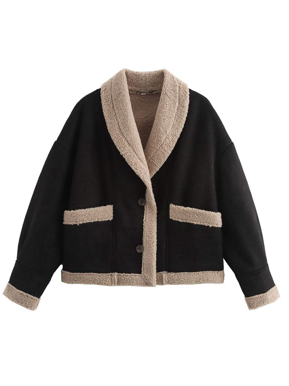 Fuzzy Collared Neck Long Sleeve Jacket - Trendsi - Flyclothing LLC