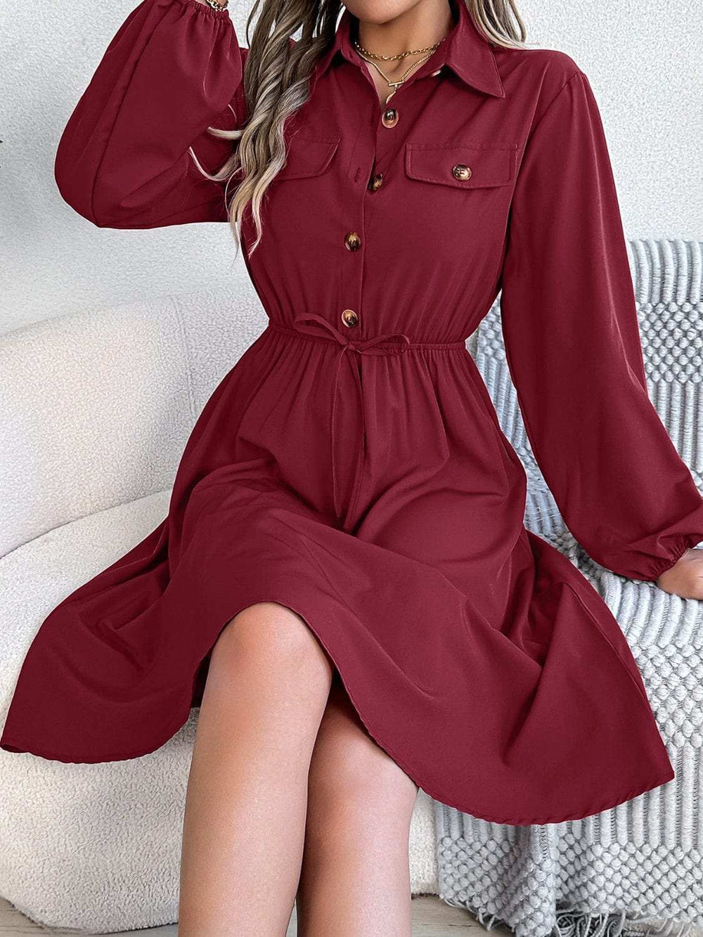 Collared Neck Long Sleeve Dress with Pockets - Trendsi - Flyclothing LLC