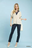 Umgee Linen Puff Sleeve Contrast Trim Top - Trendsi - Flyclothing LLC