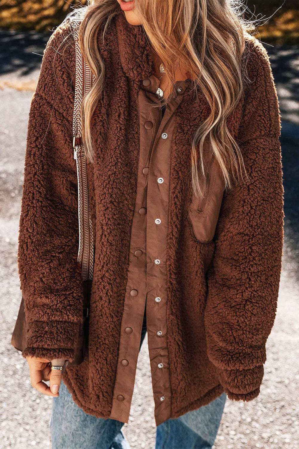 Fuzzy Snap Down Dropped Shoulder Jacket - Trendsi - Flyclothing LLC