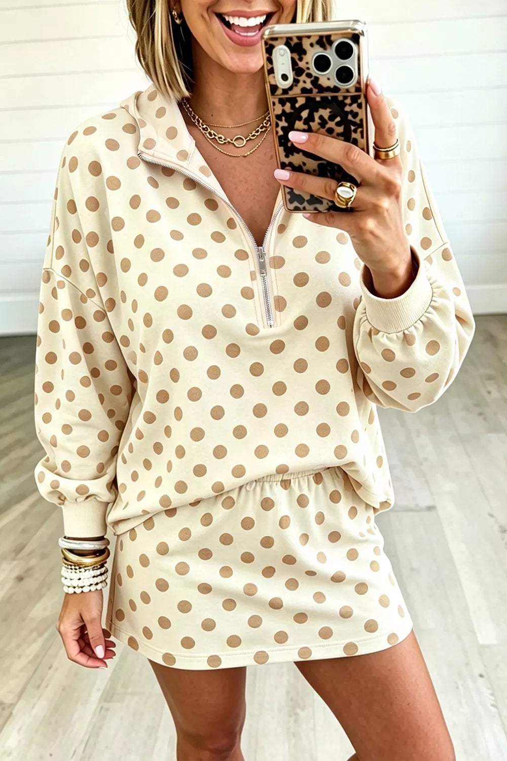 Polka Dot Quarter Zip Sweatshirt and Shorts Set - Trendsi - Flyclothing LLC